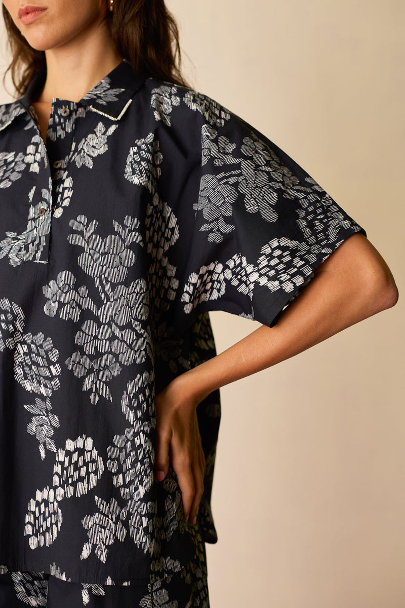 Oversized Ikat All-Over Print Shirt cotton top/shirt by World of SiSa in black for women in Singapore