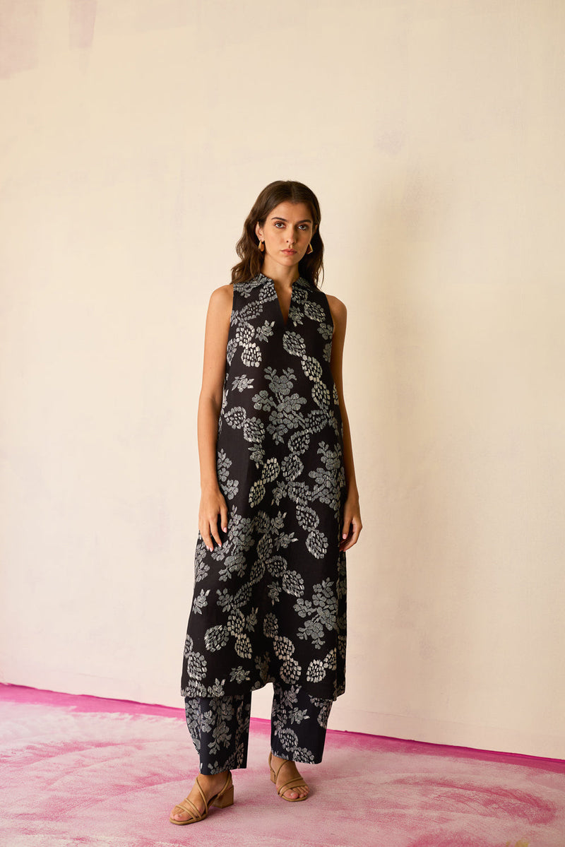 All-over Black Floral Ikat Co-ord Set linen co-ord set by World of SiSa in black for women in Singapore