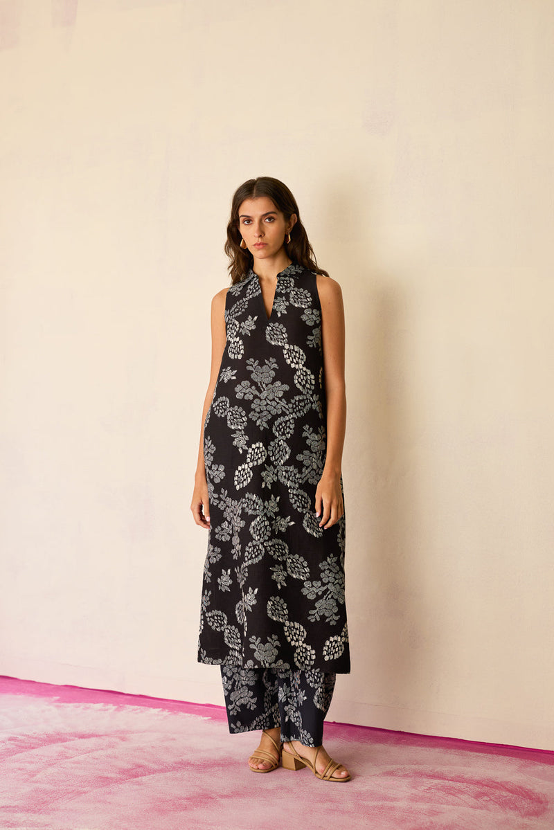 All-over Black Floral Ikat Co-ord Set linen co-ord set by World of SiSa in black for women in Singapore
