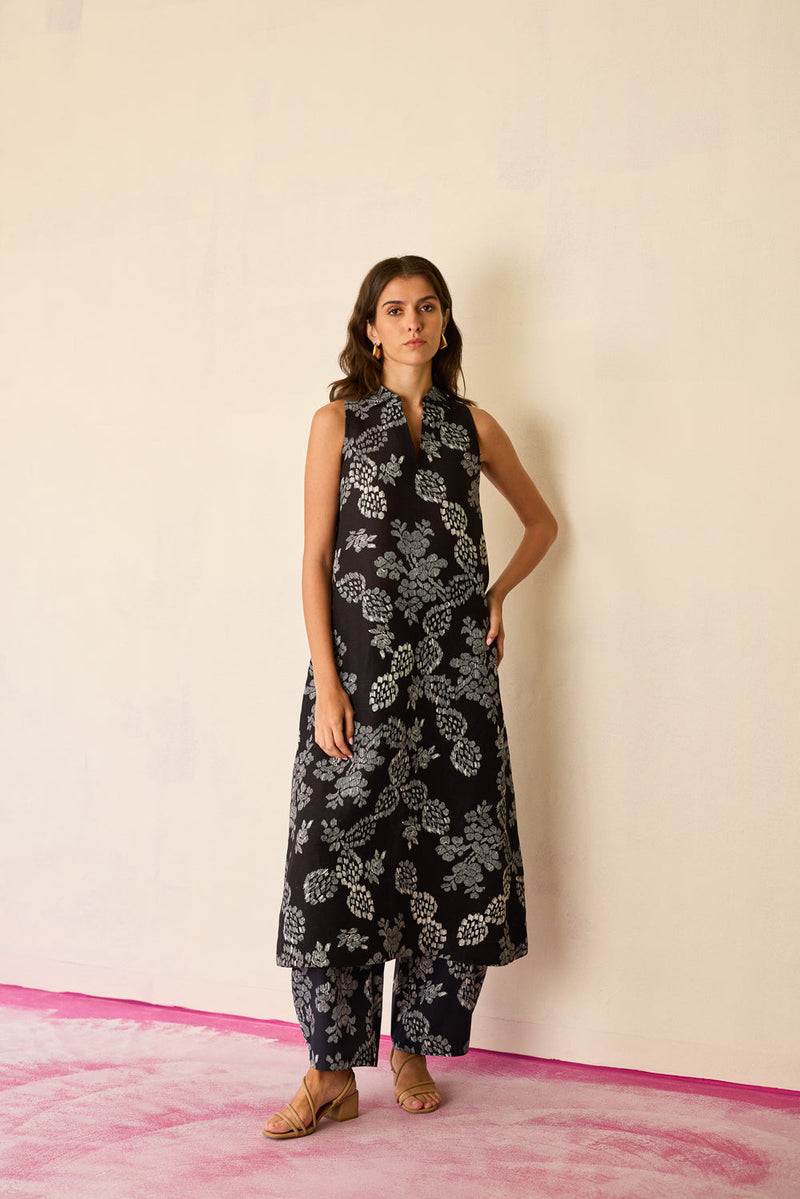 All-over Black Floral Ikat Co-ord Set linen co-ord set by World of SiSa in black for women in Singapore