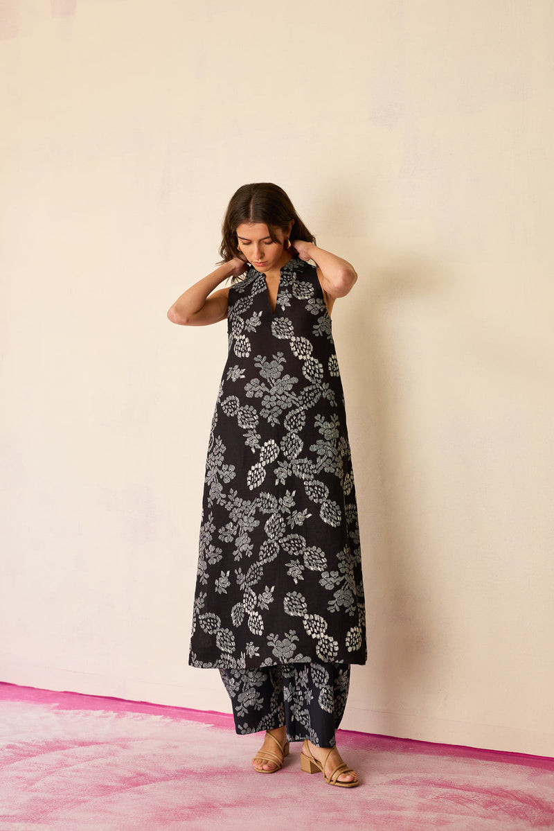 All-over Black Floral Ikat Co-ord Set linen co-ord set by World of SiSa in black for women in Singapore