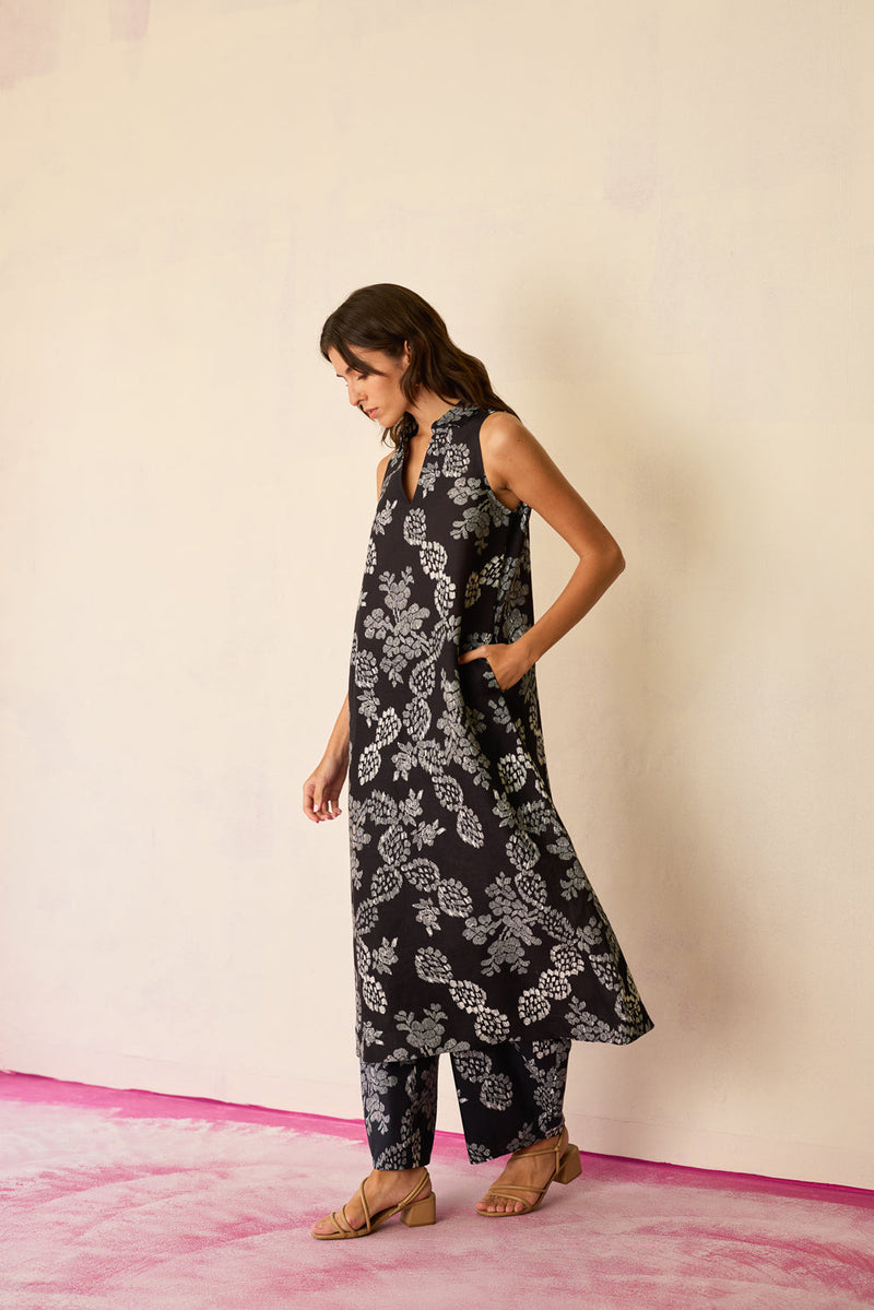 All-over Black Floral Ikat Co-ord Set linen co-ord set by World of SiSa in black for women in Singapore