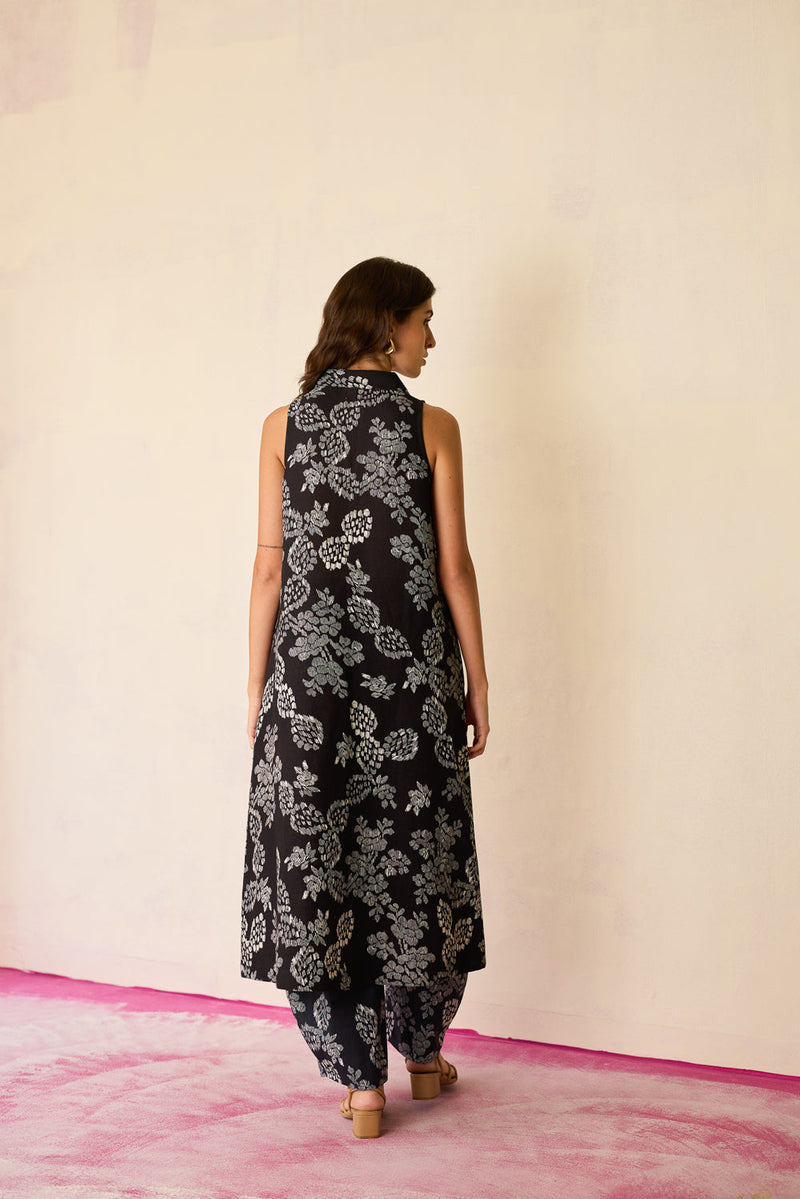 All-over Black Floral Ikat Co-ord Set linen co-ord set by World of SiSa in black for women in Singapore