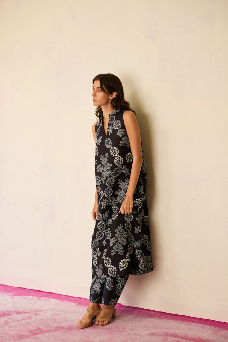 All-over Black Floral Ikat Co-ord Set linen co-ord set by World of SiSa in black for women in Singapore