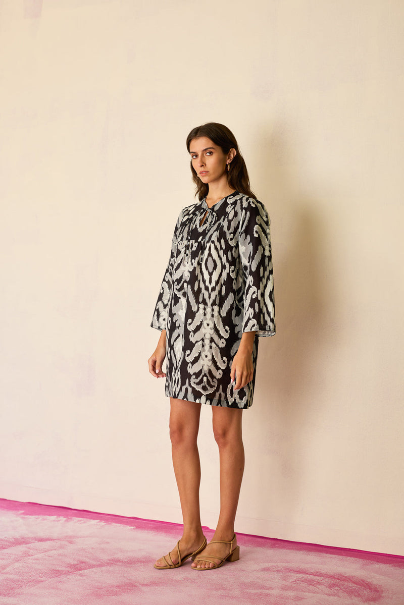Greyscale Oversized Ikat Shift Dress linen dress by World of SiSa in grey for women in Singapore