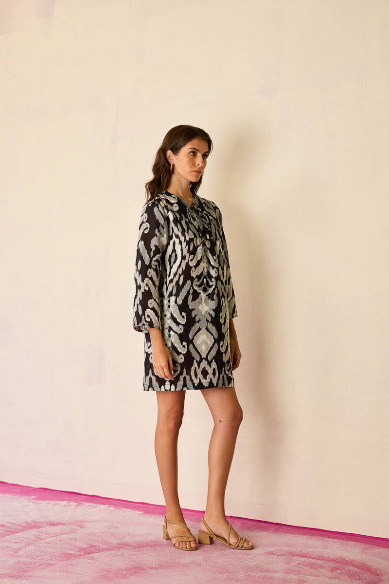 Greyscale Oversized Ikat Shift Dress linen dress by World of SiSa in grey for women in Singapore