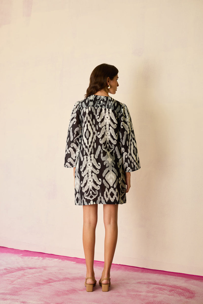 Greyscale Oversized Ikat Shift Dress linen dress by World of SiSa in grey for women in Singapore