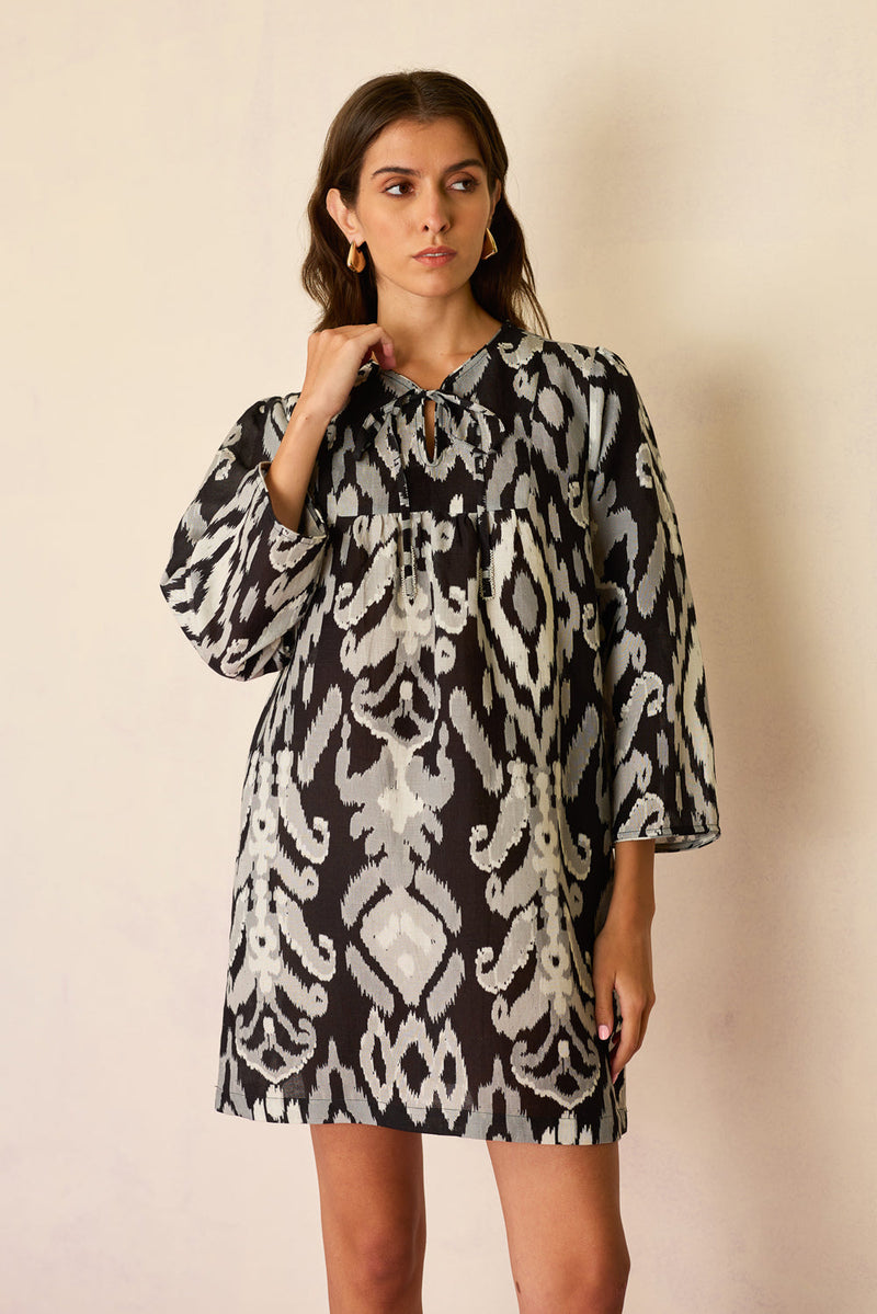 Greyscale Oversized Ikat Shift Dress linen dress by World of SiSa in grey for women in Singapore
