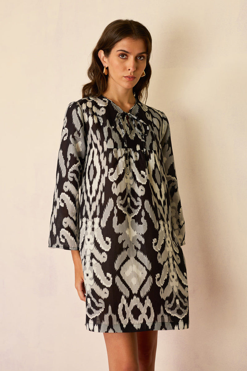 Greyscale Oversized Ikat Shift Dress linen dress by World of SiSa in grey for women in Singapore