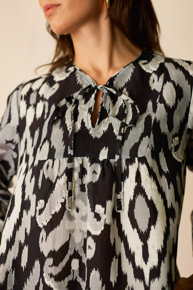 Greyscale Oversized Ikat Shift Dress linen dress by World of SiSa in grey for women in Singapore