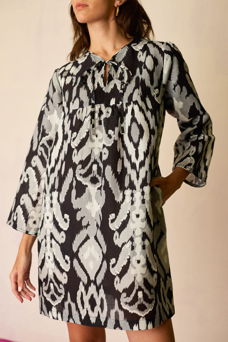 Greyscale Oversized Ikat Shift Dress linen dress by World of SiSa in grey for women in Singapore