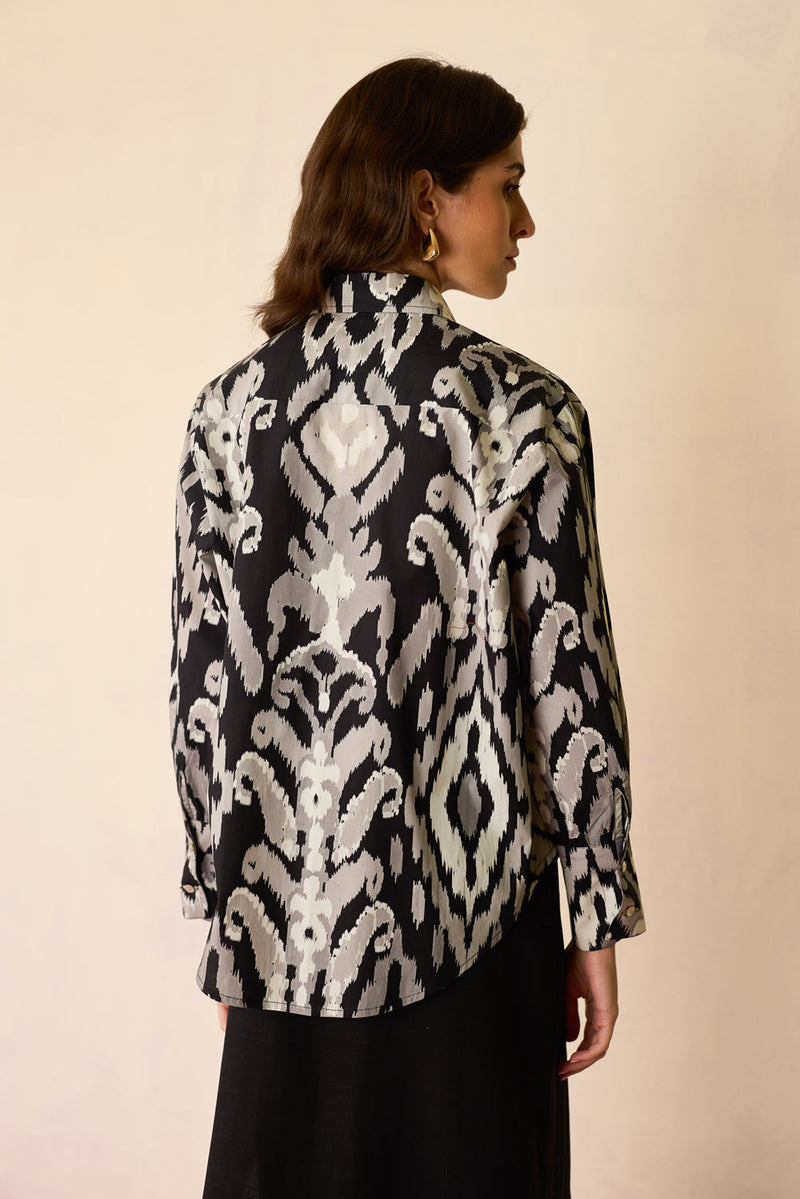 Greyscale Oversized Ikat Shirt cotton top/shirt by World of SiSa in grey for women in Singapore