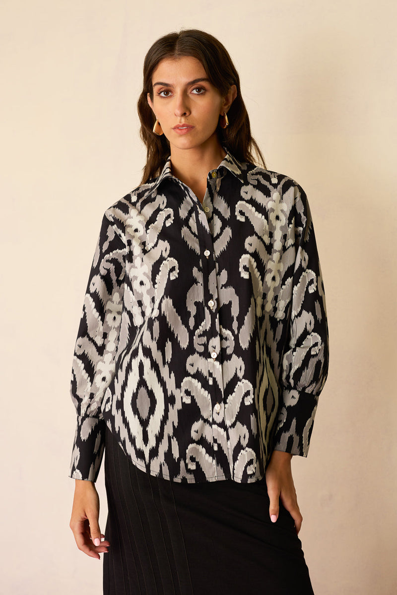 Greyscale Oversized Ikat Shirt cotton top/shirt by World of SiSa in grey for women in Singapore
