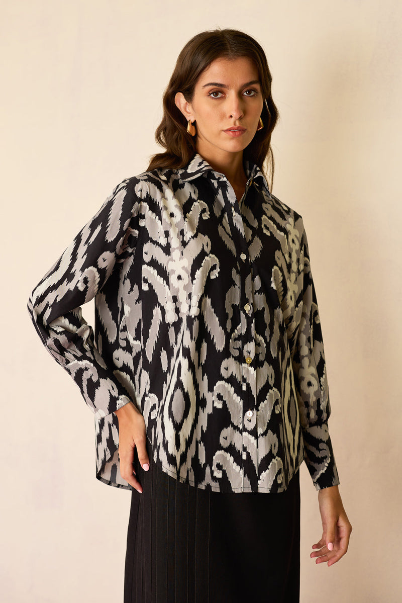 Greyscale Oversized Ikat Shirt cotton top/shirt by World of SiSa in grey for women in Singapore