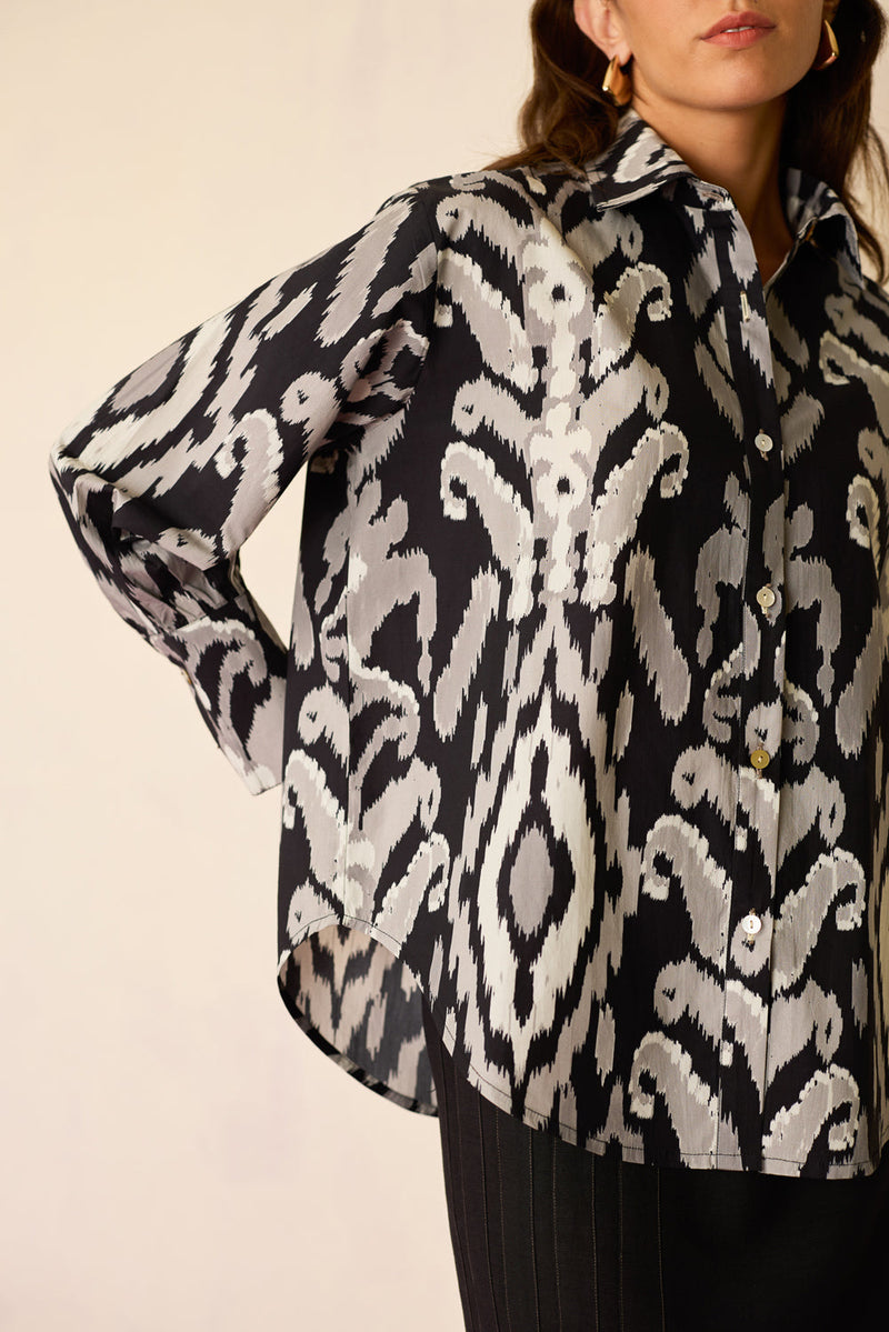 Greyscale Oversized Ikat Shirt cotton top/shirt by World of SiSa in grey for women in Singapore