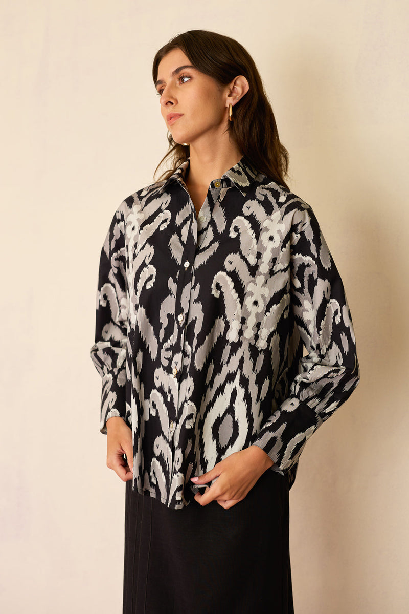 Greyscale Oversized Ikat Shirt cotton top/shirt by World of SiSa in grey for women in Singapore