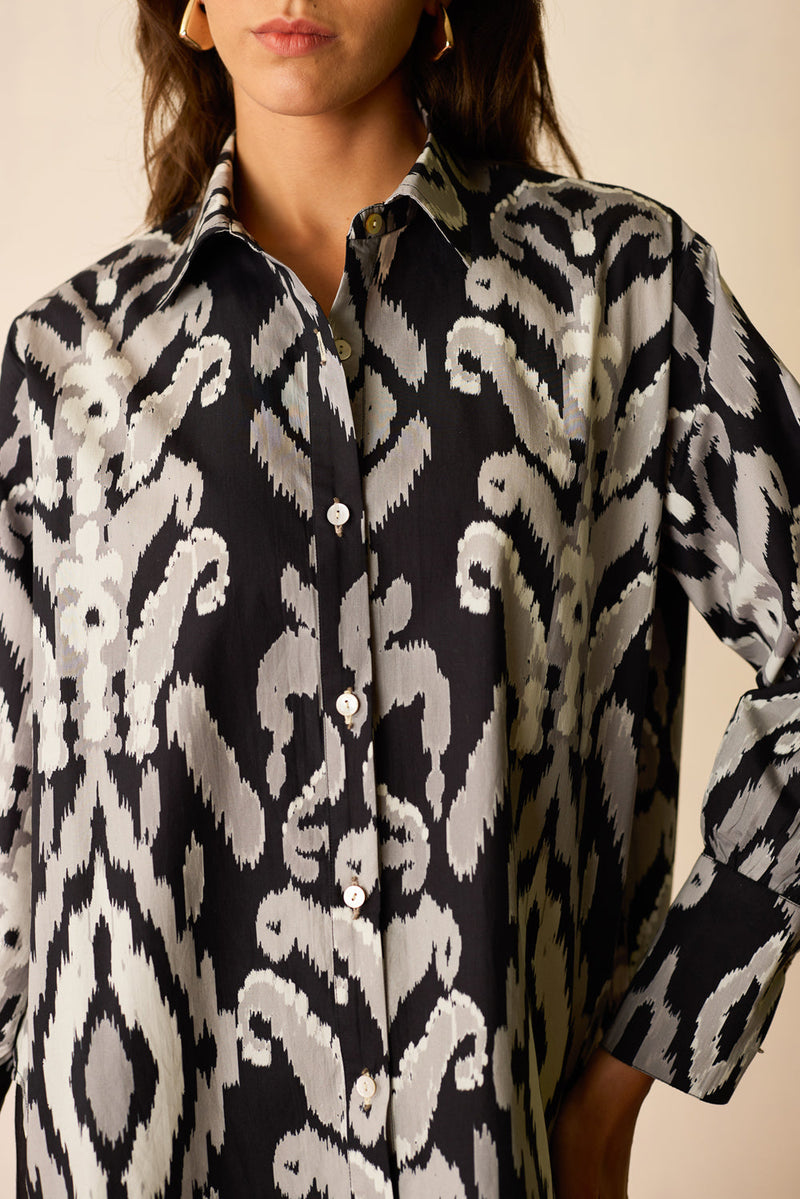 Greyscale Oversized Ikat Shirt cotton top/shirt by World of SiSa in grey for women in Singapore