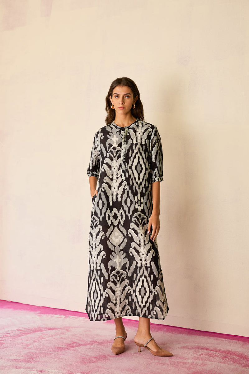 Greyscale Ikat Shirt Dress linen dress by World of SiSa in grey for women in Singapore