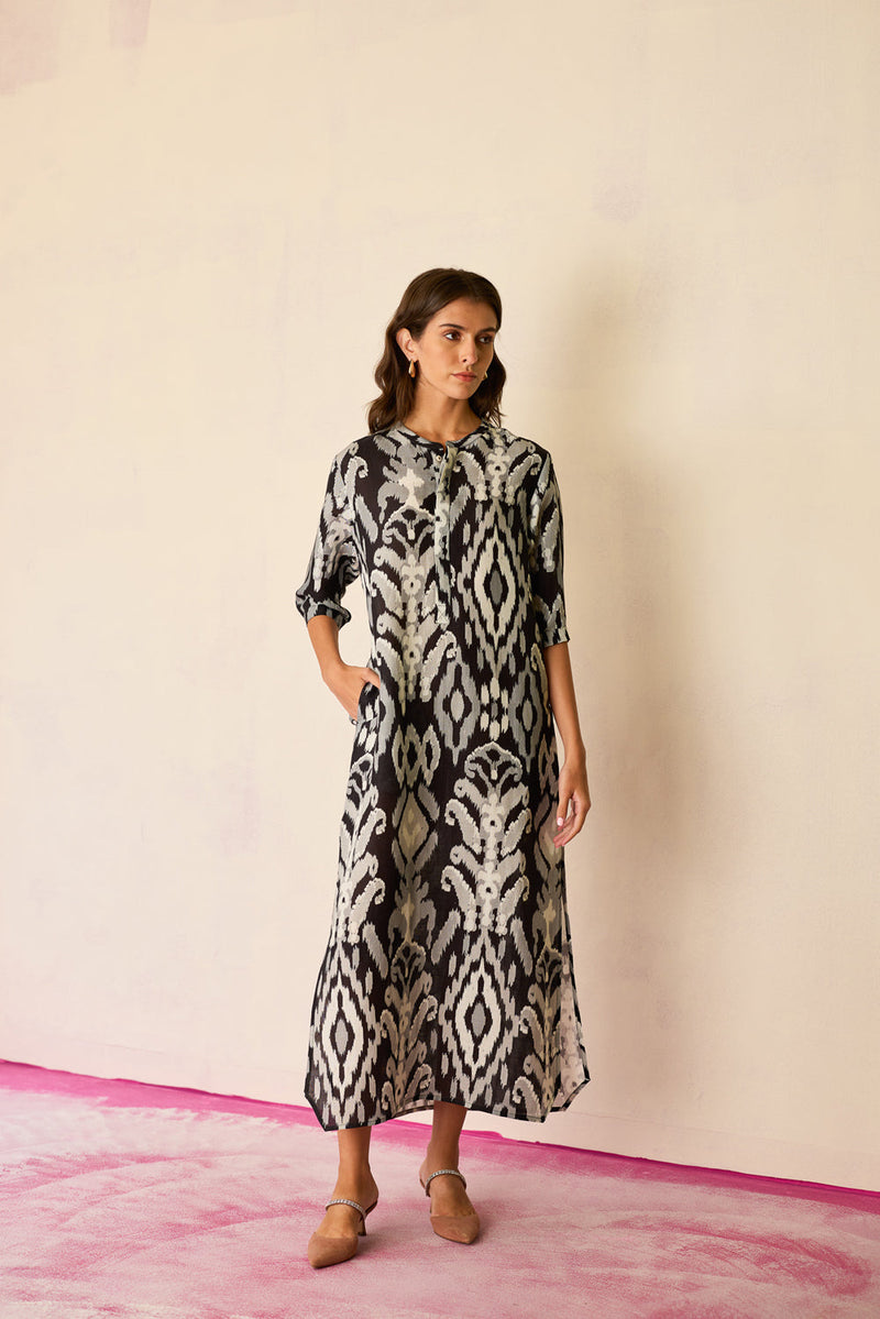 Greyscale Ikat Shirt Dress linen dress by World of SiSa in grey for women in Singapore