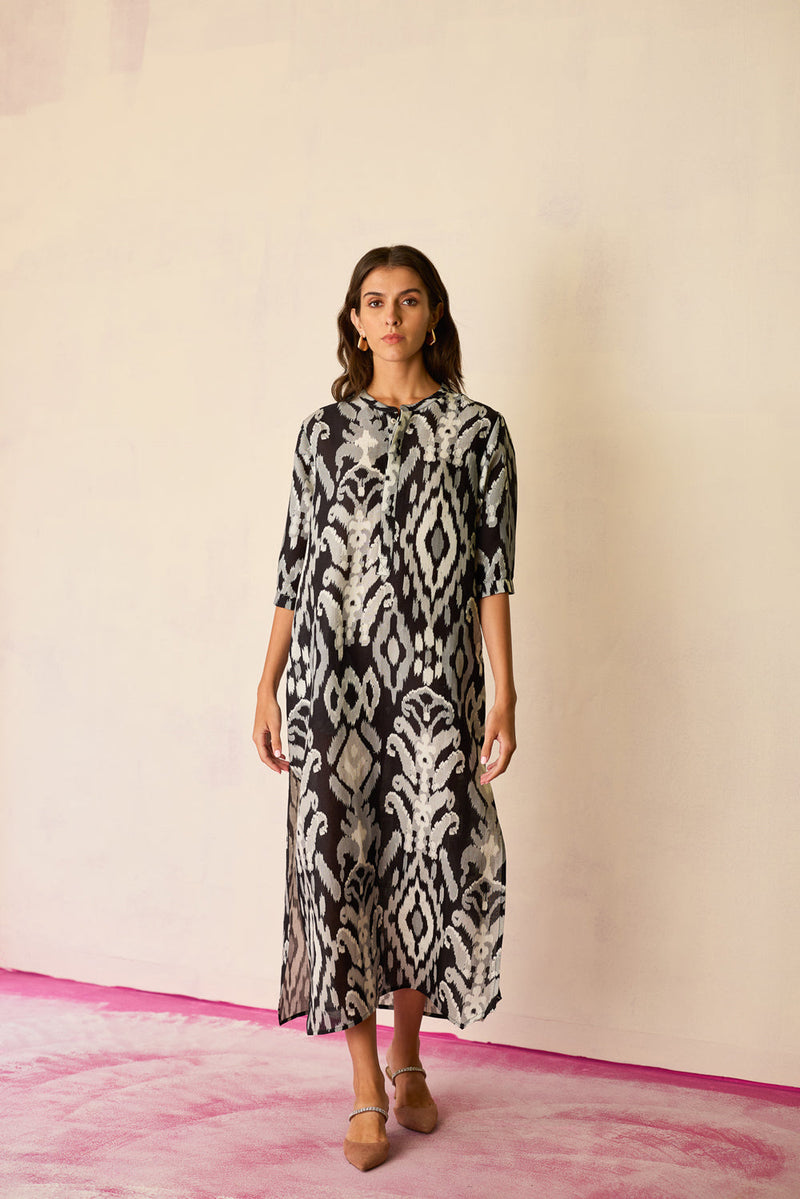 Greyscale Ikat Shirt Dress linen dress by World of SiSa in grey for women in Singapore