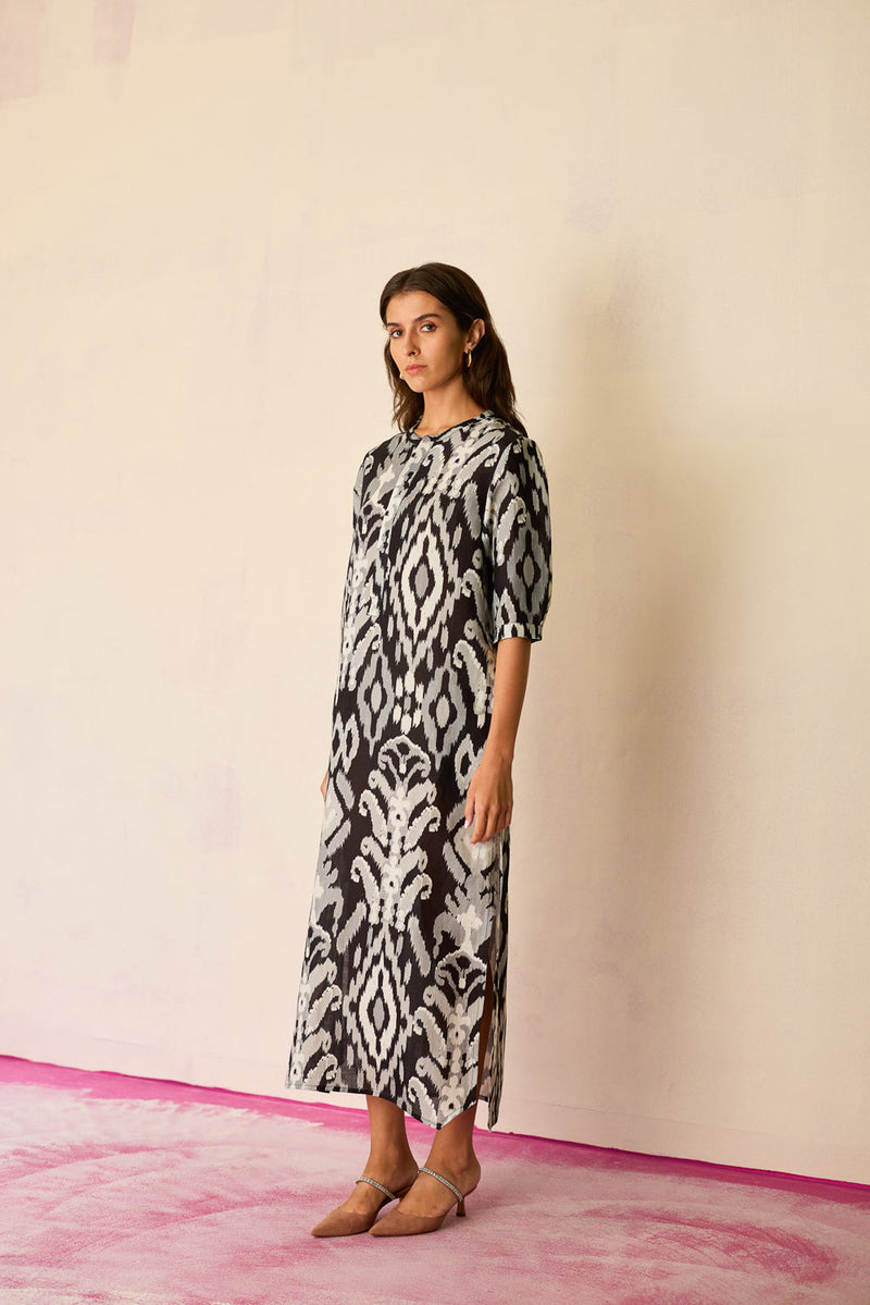 Greyscale Ikat Shirt Dress linen dress by World of SiSa in grey for women in Singapore