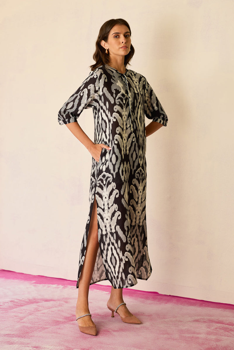 Greyscale Ikat Shirt Dress linen dress by World of SiSa in grey for women in Singapore