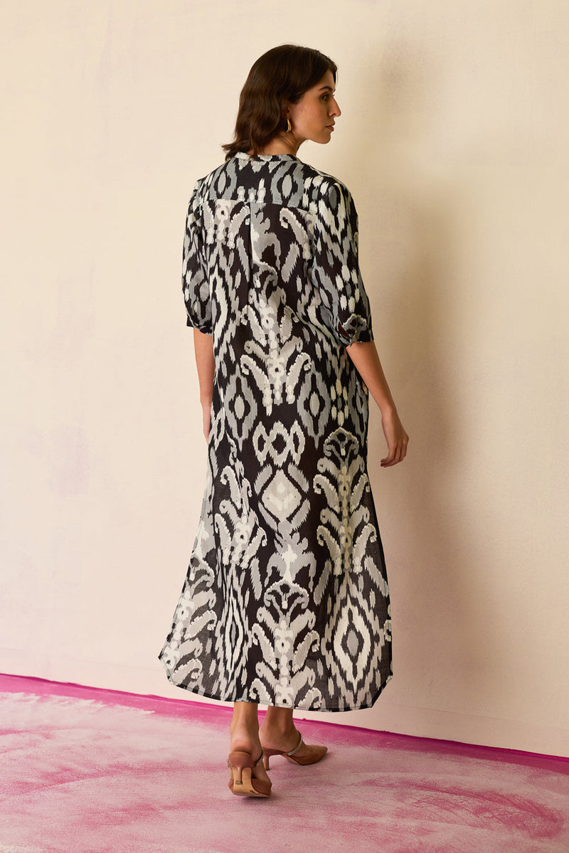 Greyscale Ikat Shirt Dress linen dress by World of SiSa in grey for women in Singapore
