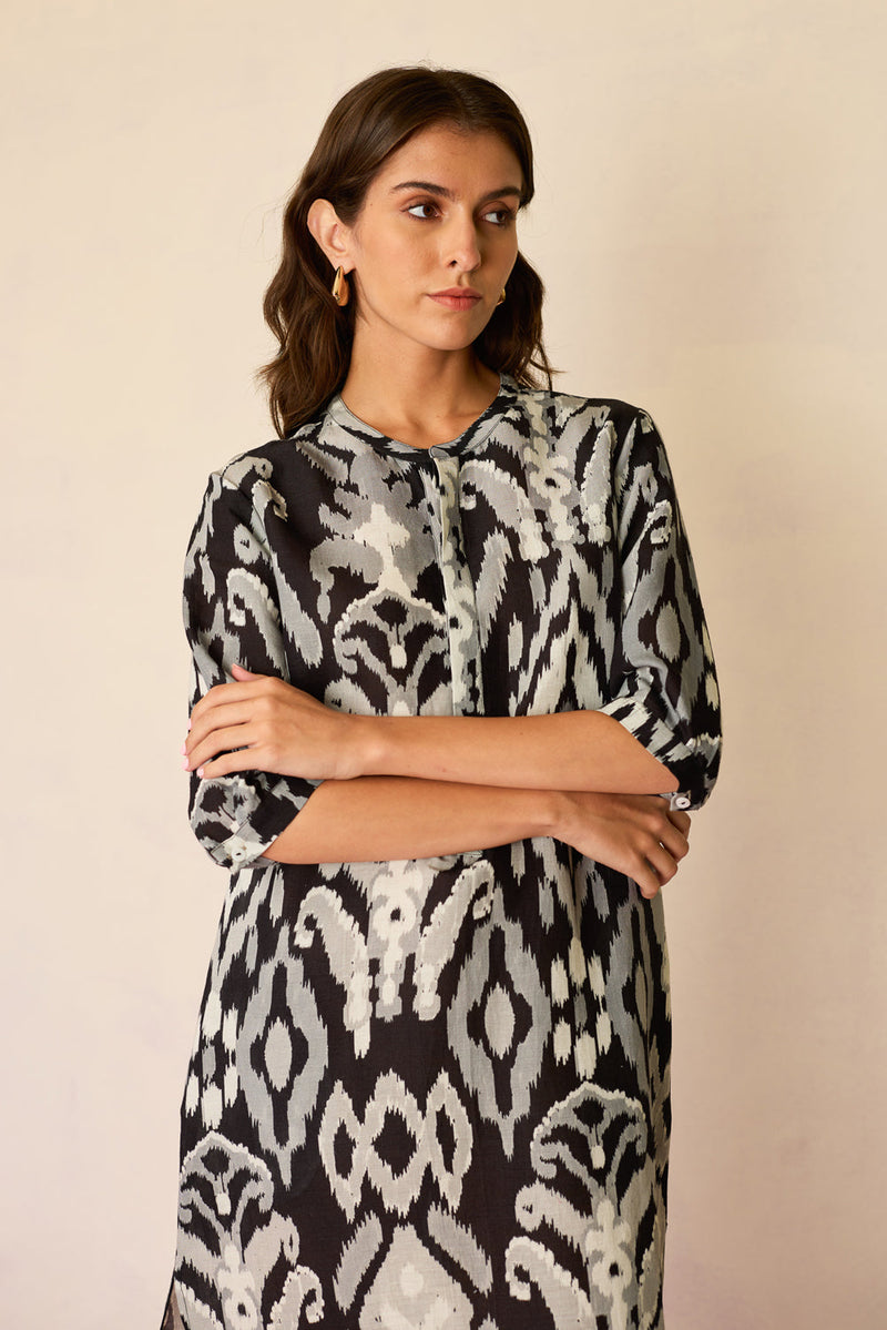 Greyscale Ikat Shirt Dress linen dress by World of SiSa in grey for women in Singapore