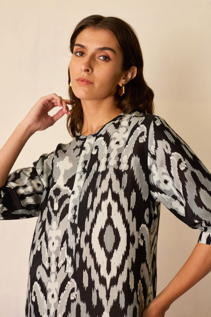 Greyscale Ikat Shirt Dress linen dress by World of SiSa in grey for women in Singapore