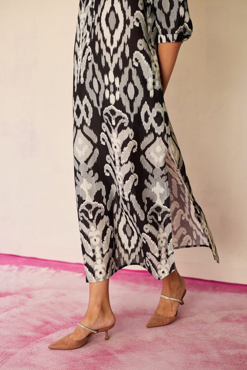 Greyscale Ikat Shirt Dress linen dress by World of SiSa in grey for women in Singapore