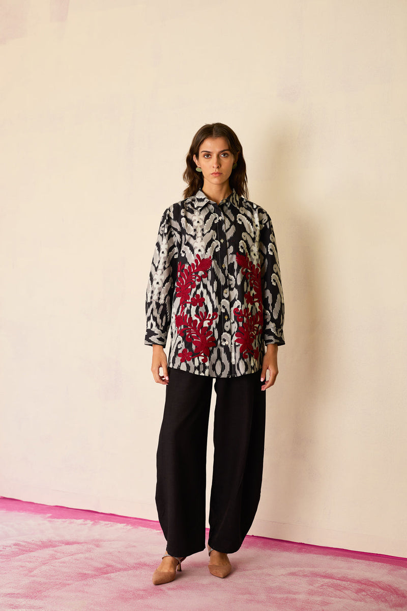 Black Ikat Cord Embroidered Shirt cotton top/shirt by World of SiSa in black for women in Singapore