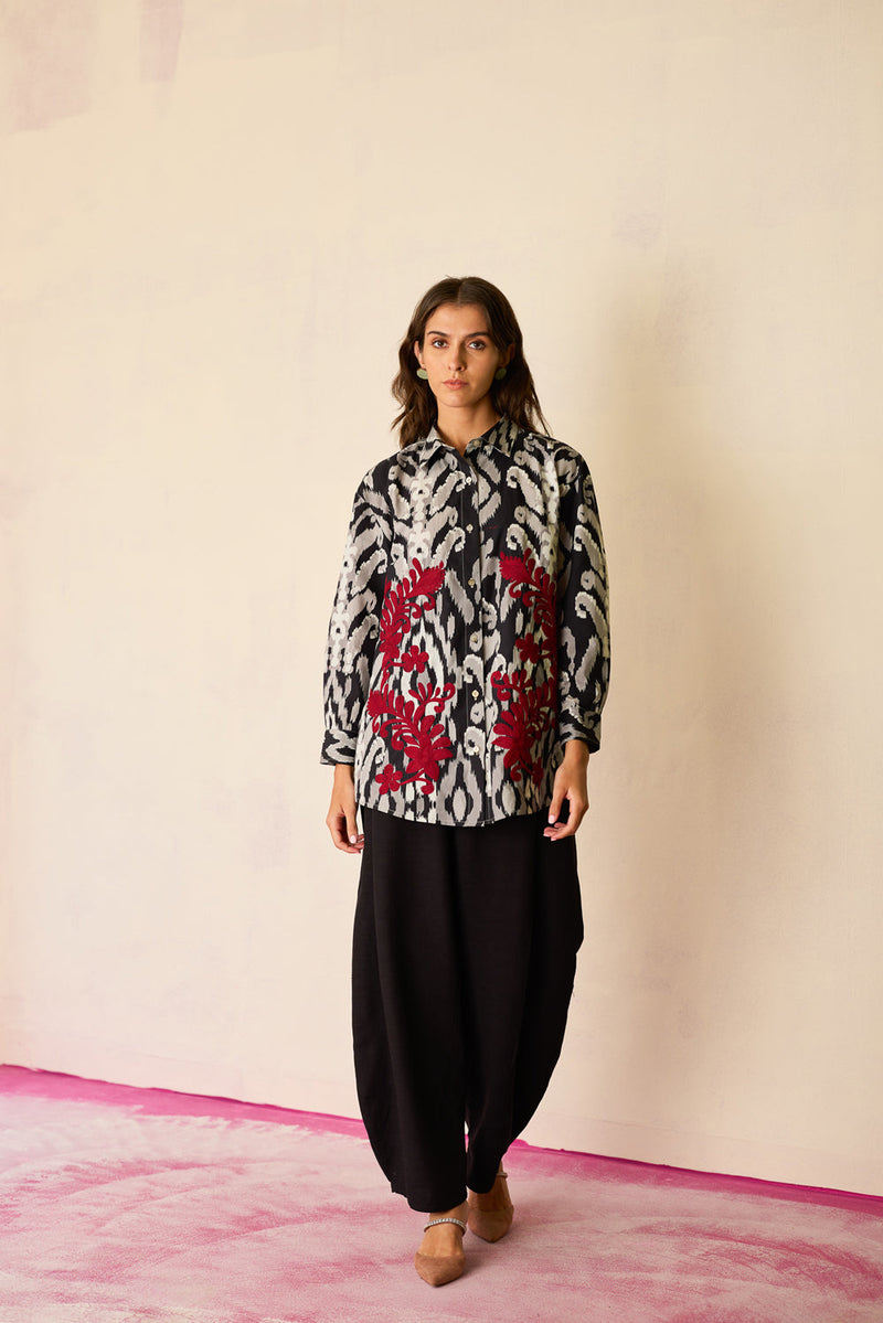 Black Ikat Cord Embroidered Shirt cotton top/shirt by World of SiSa in black for women in Singapore
