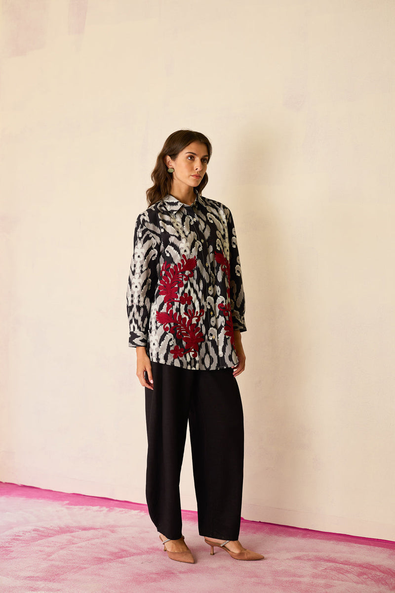 Black Ikat Cord Embroidered Shirt cotton top/shirt by World of SiSa in black for women in Singapore