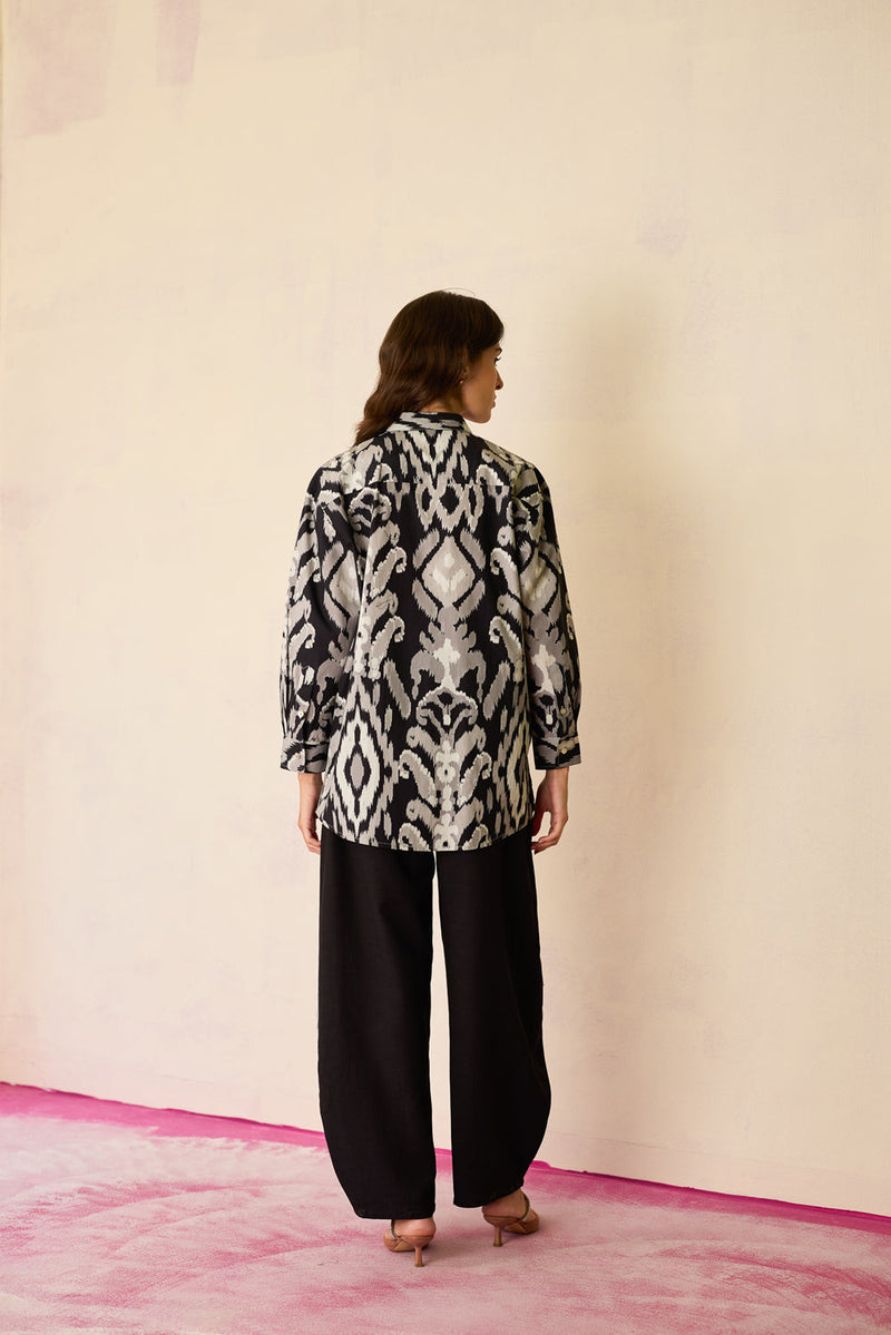 Black Ikat Cord Embroidered Shirt cotton top/shirt by World of SiSa in black for women in Singapore