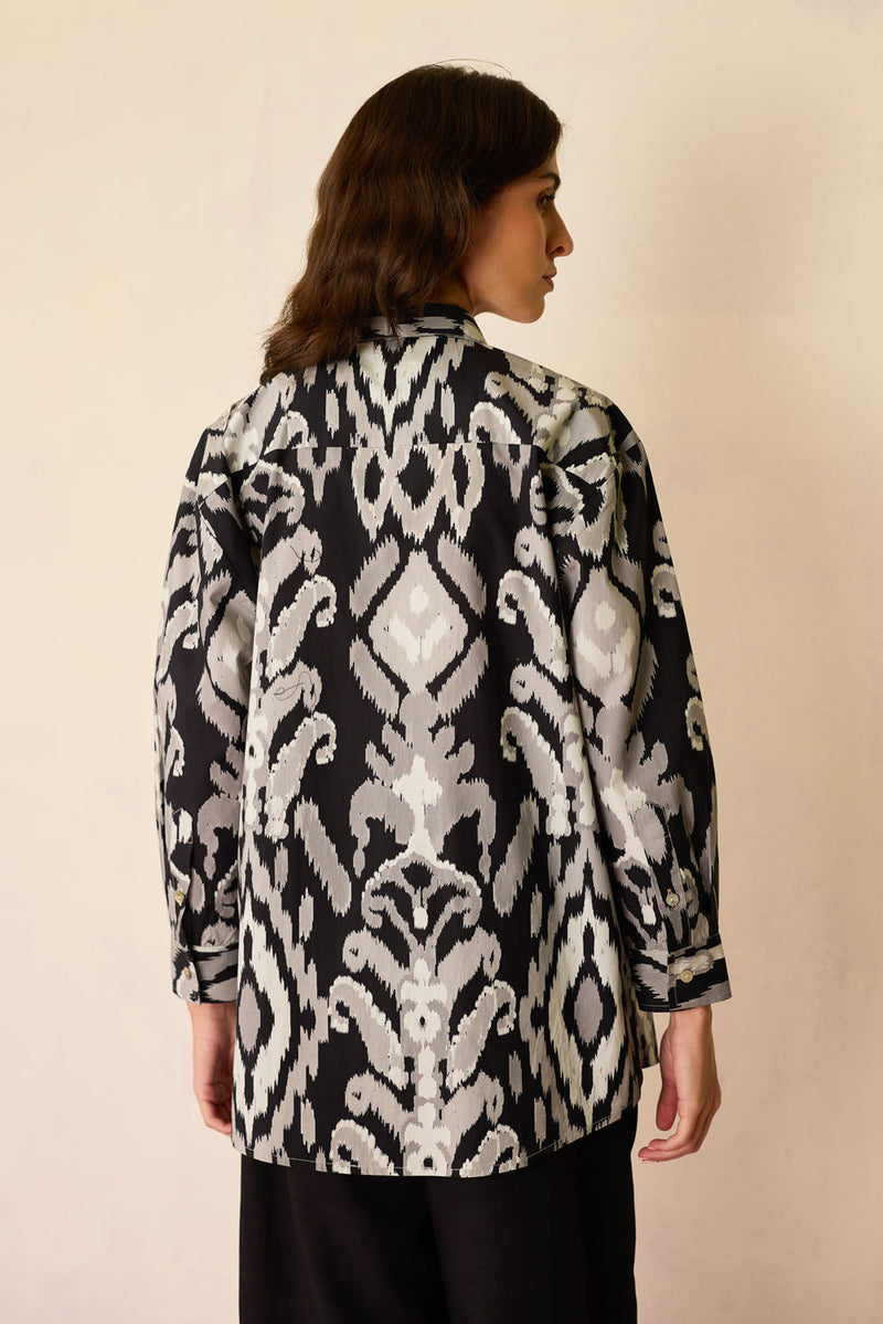 Black Ikat Cord Embroidered Shirt cotton top/shirt by World of SiSa in black for women in Singapore