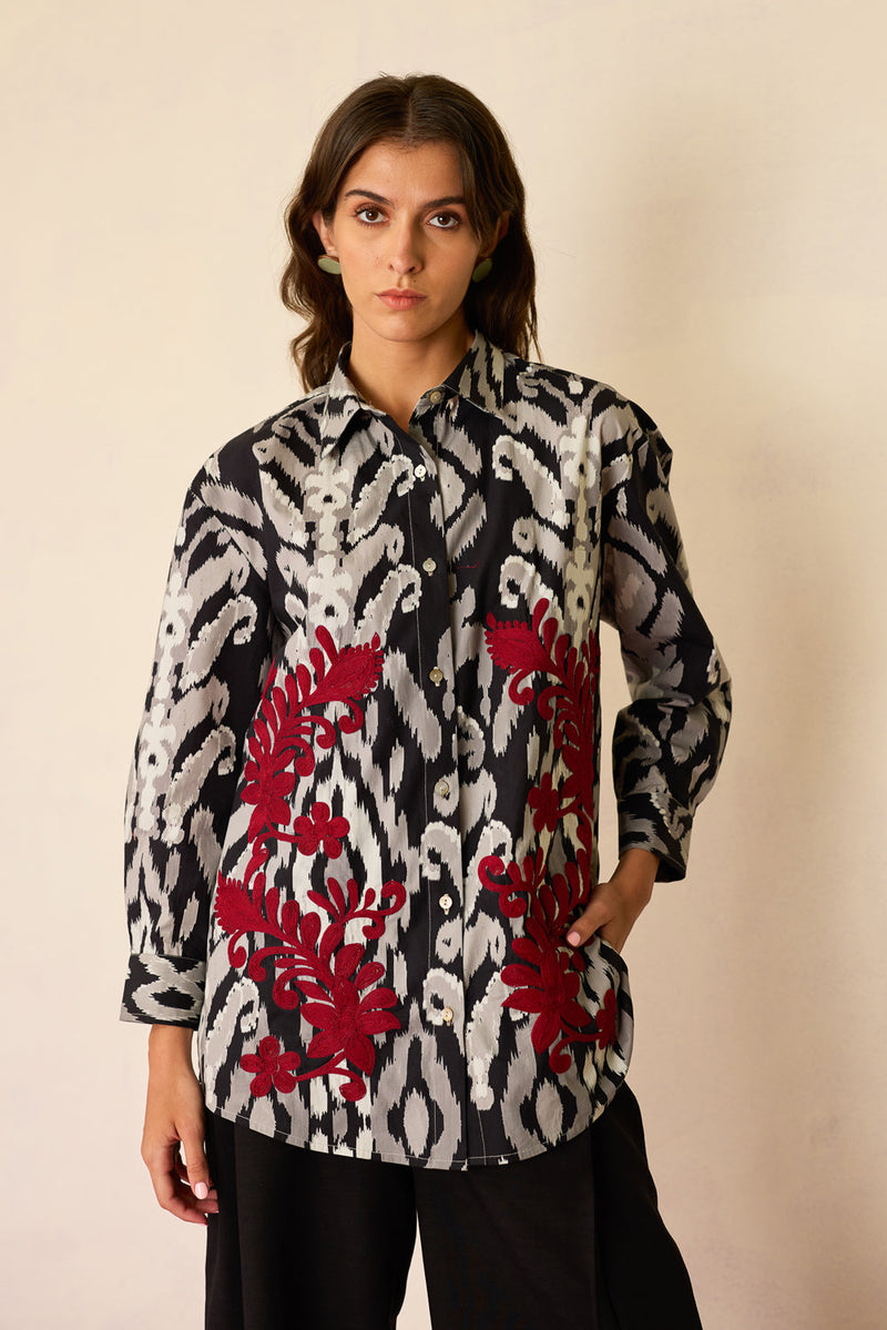 Black Ikat Cord Embroidered Shirt cotton top/shirt by World of SiSa in black for women in Singapore