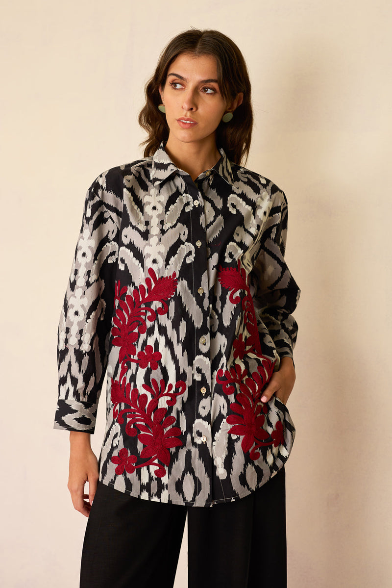 Black Ikat Cord Embroidered Shirt cotton top/shirt by World of SiSa in black for women in Singapore