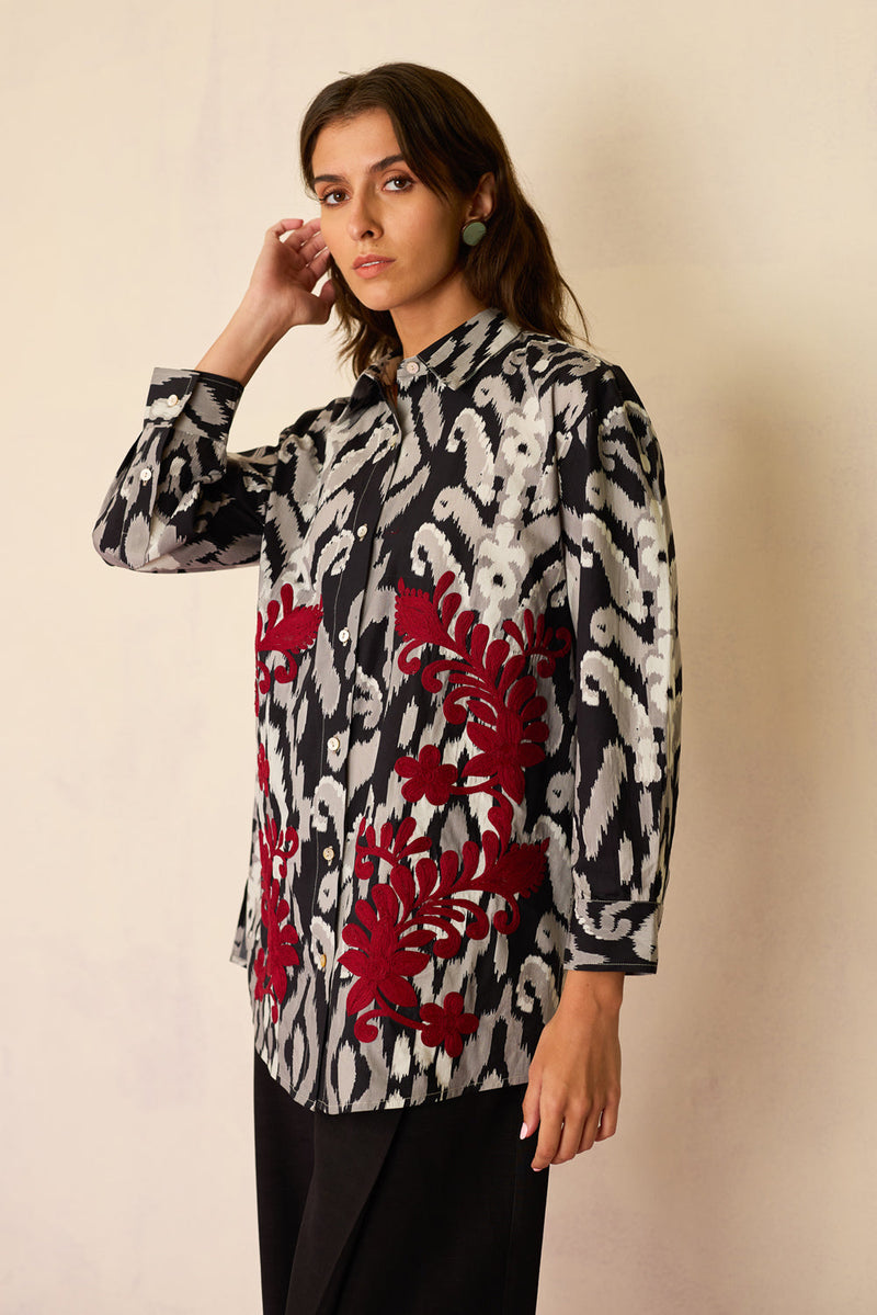 Black Ikat Cord Embroidered Shirt cotton top/shirt by World of SiSa in black for women in Singapore