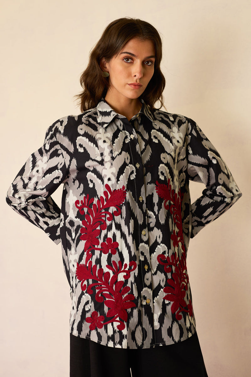 Black Ikat Cord Embroidered Shirt cotton top/shirt by World of SiSa in black for women in Singapore