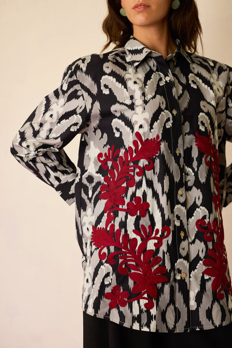 Black Ikat Cord Embroidered Shirt cotton top/shirt by World of SiSa in black for women in Singapore