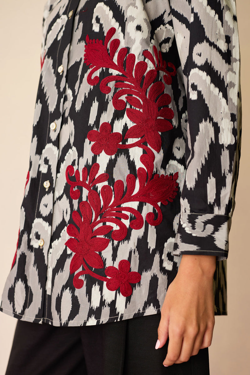 Black Ikat Cord Embroidered Shirt cotton top/shirt by World of SiSa in black for women in Singapore