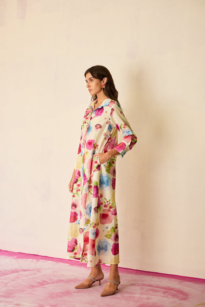 Californian Poppies Shirt Dress cotton, silk dress by World of SiSa in multi-color for women in Singapore