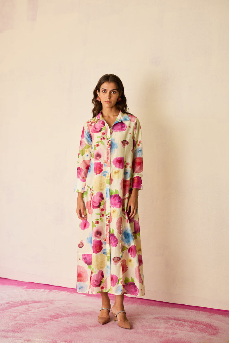 Californian Poppies Shirt Dress cotton, silk dress by World of SiSa in multi-color for women in Singapore