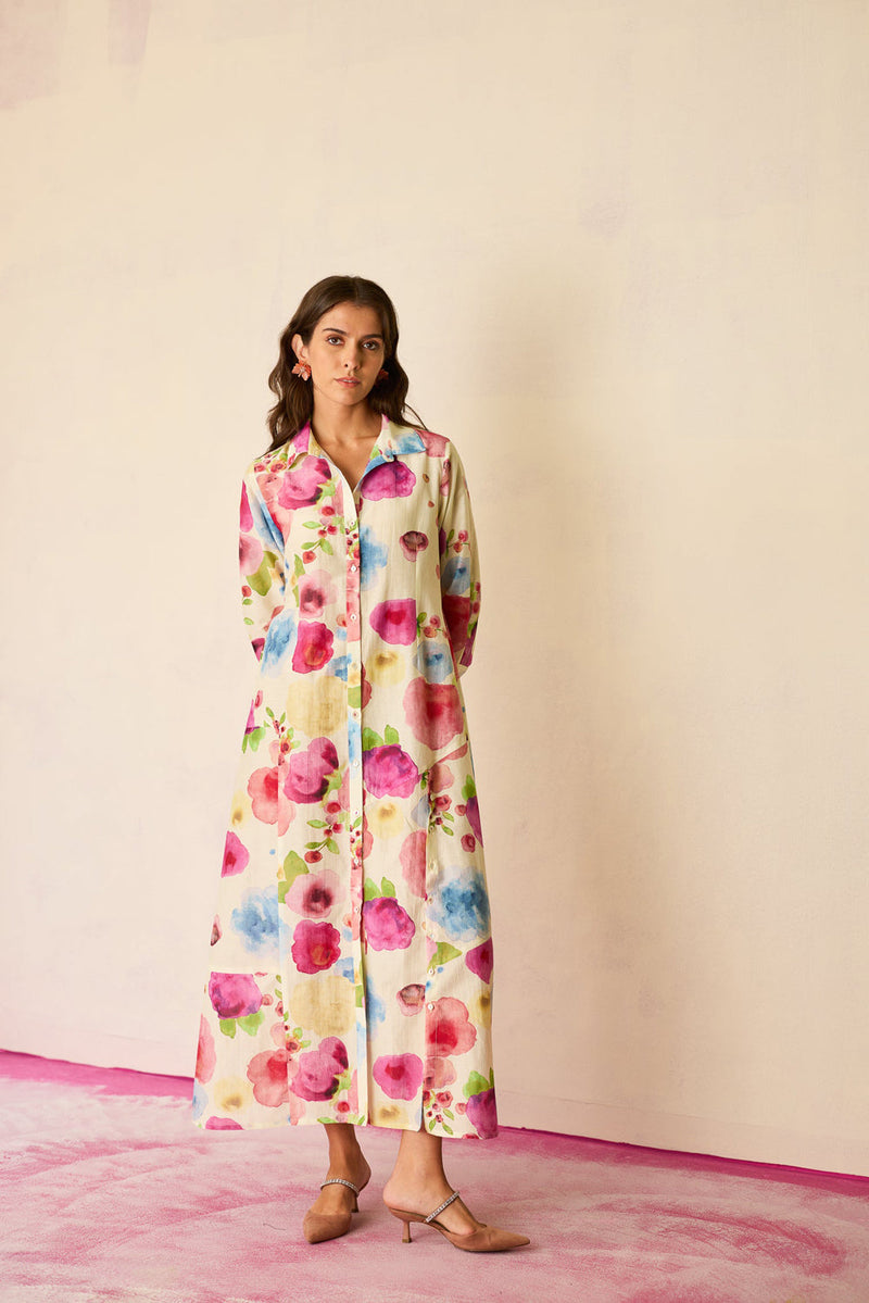 Californian Poppies Shirt Dress cotton, silk dress by World of SiSa in multi-color for women in Singapore