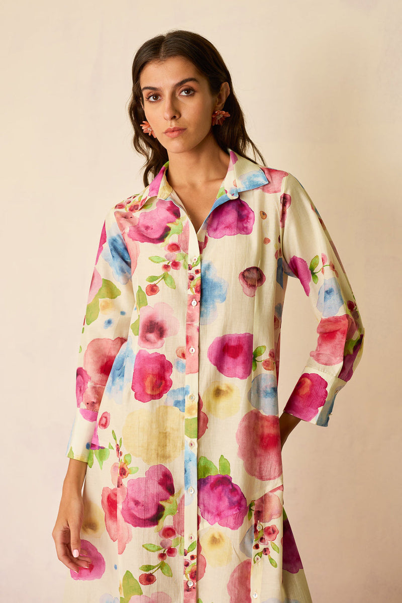 Californian Poppies Shirt Dress cotton, silk dress by World of SiSa in multi-color for women in Singapore
