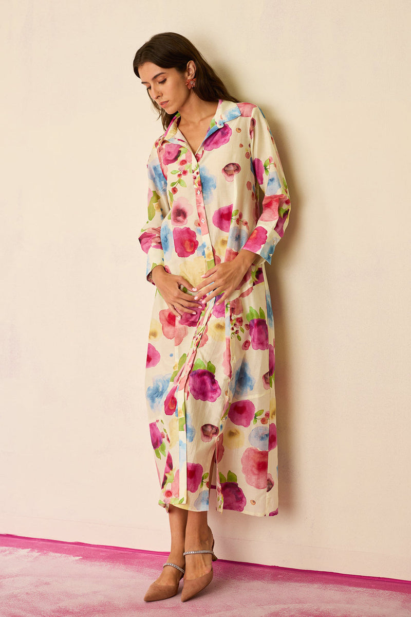 Californian Poppies Shirt Dress cotton, silk dress by World of SiSa in multi-color for women in Singapore