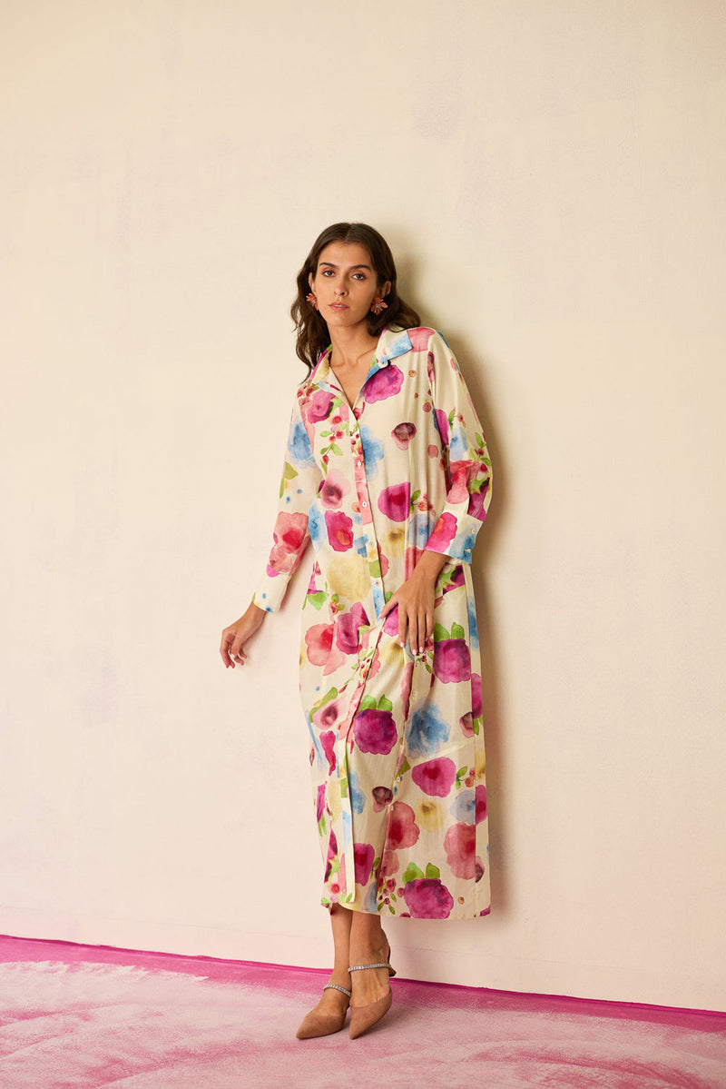 Californian Poppies Shirt Dress cotton, silk dress by World of SiSa in multi-color for women in Singapore