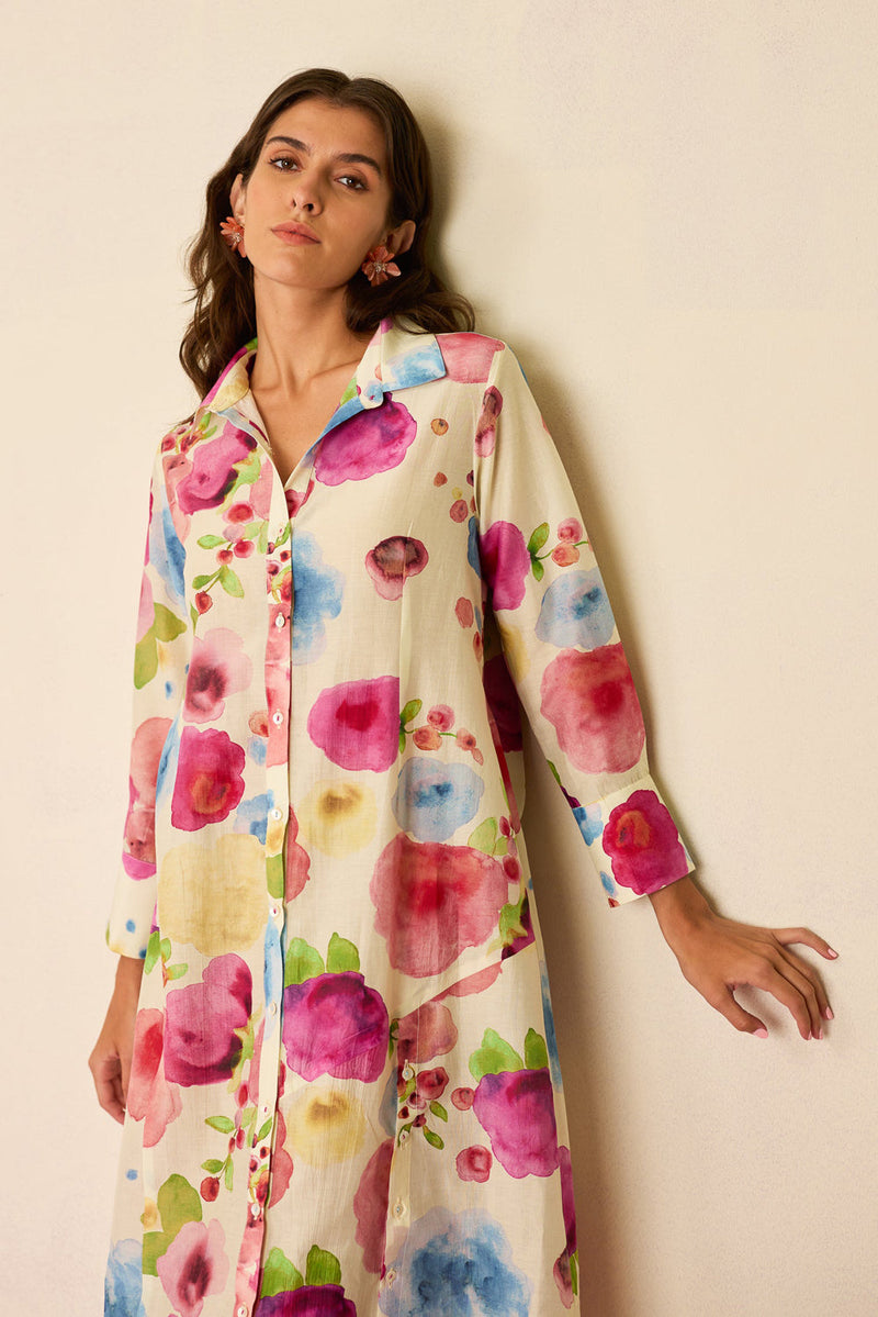 Californian Poppies Shirt Dress cotton, silk dress by World of SiSa in multi-color for women in Singapore