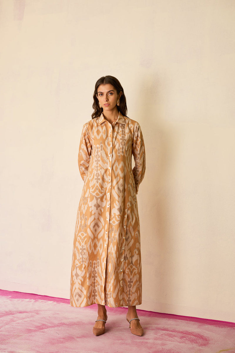 Sand Ikat Collared Shirt Dress cotton dress by World of SiSa in musturd yellow for women in Singapore