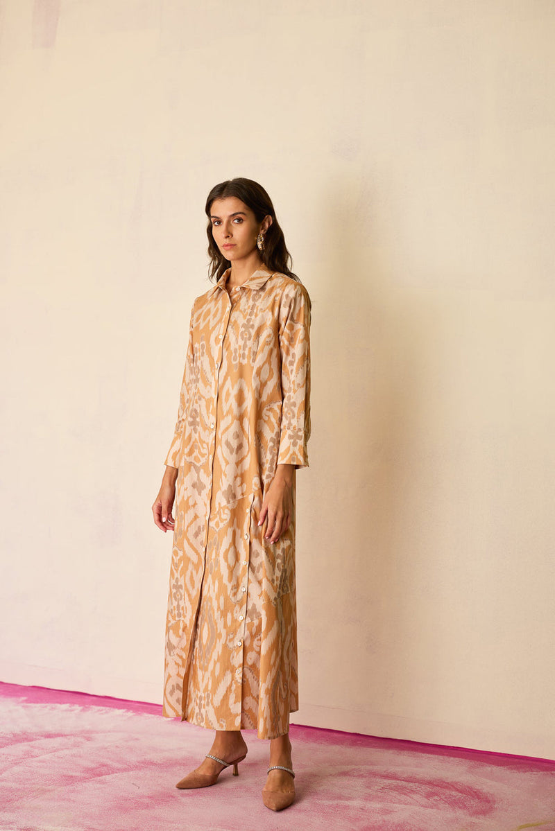 Sand Ikat Collared Shirt Dress cotton dress by World of SiSa in musturd yellow for women in Singapore
